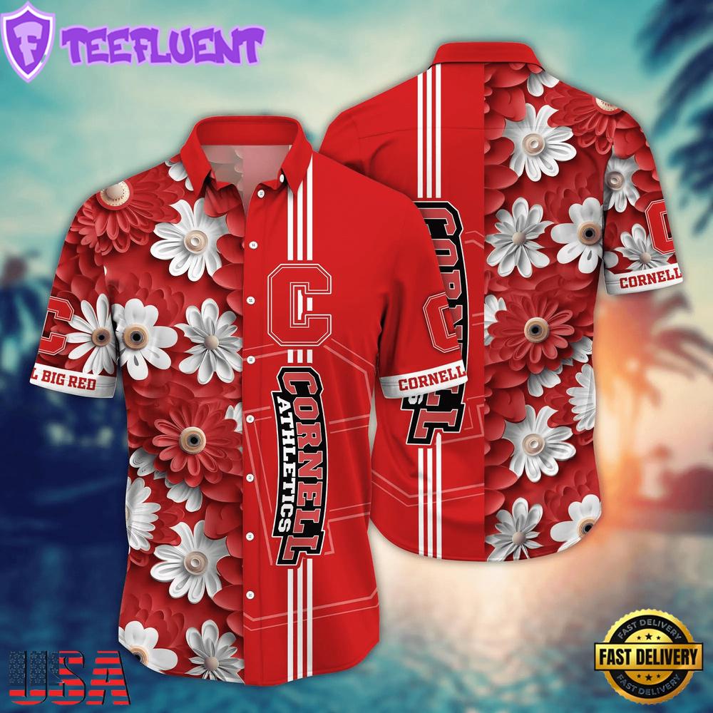 NCAA Cornell Big Red Flower Summer Aloha Button Hawaiian Shirt