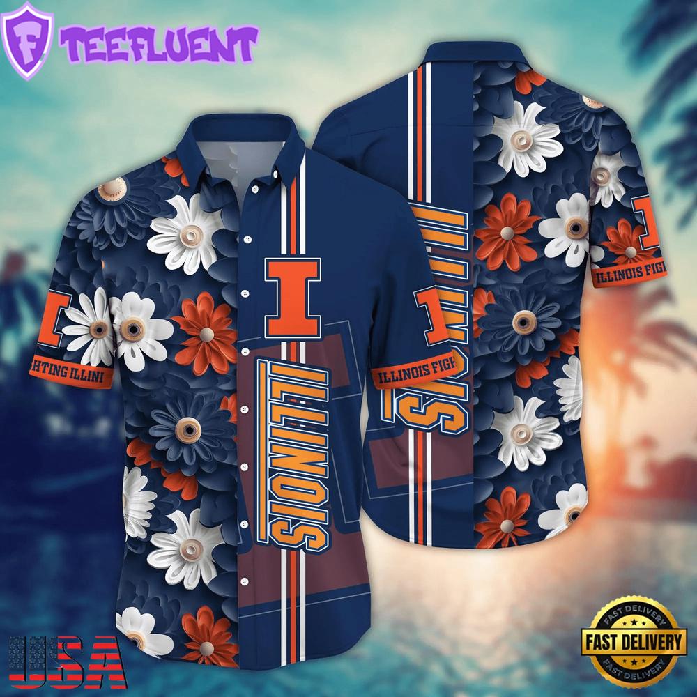 NCAA Illinois Fighting Illini Flower Summer Aloha Button Hawaiian Shirt