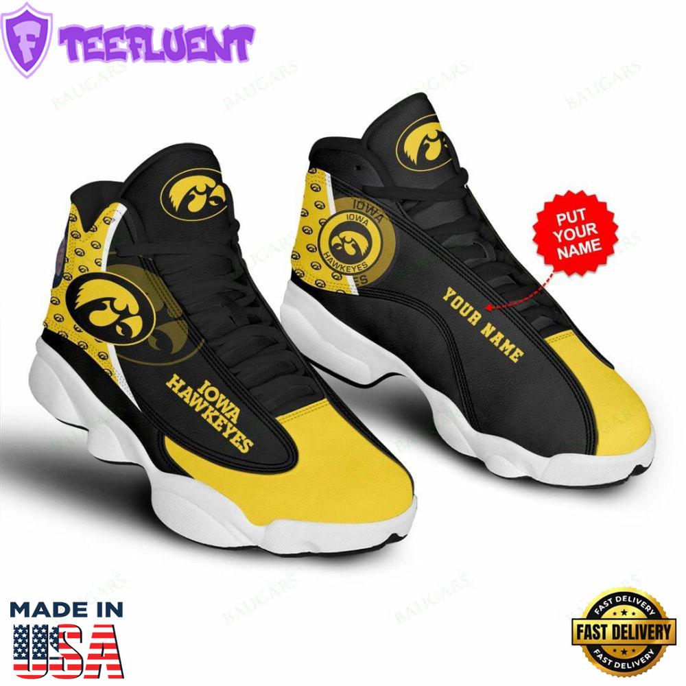 NCAA Iowa Hawkeyes Custom Name Black Gold Air Jordan 13 Shoes