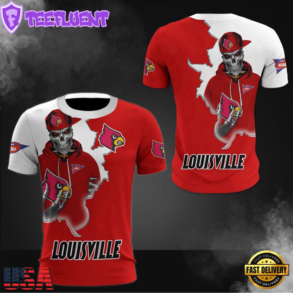NCAA Louisville Cardinals Halloween Skeleton All Over Print T Shirt