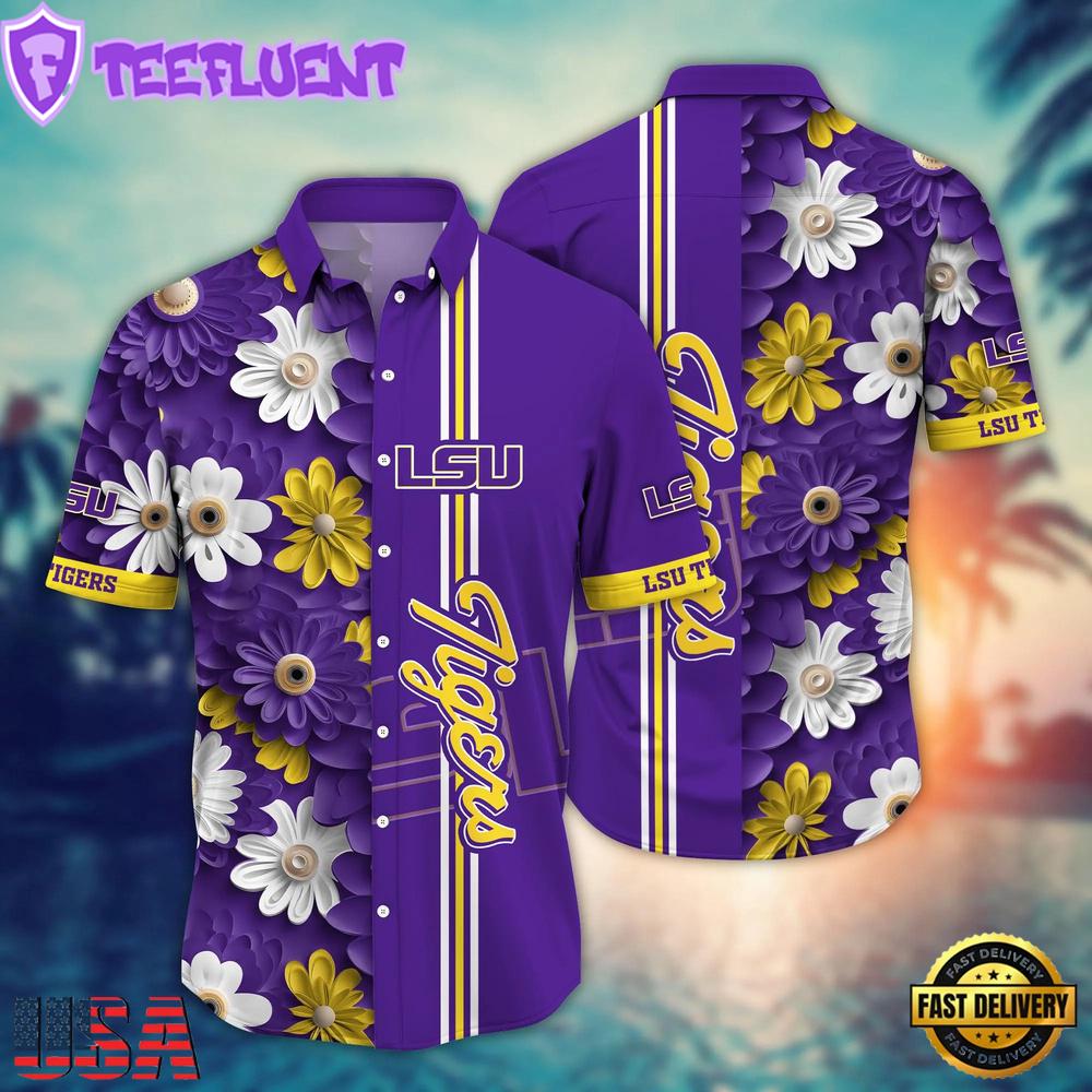 NCAA LSU TIGERS Flower Summer Aloha Button Hawaiian Shirt