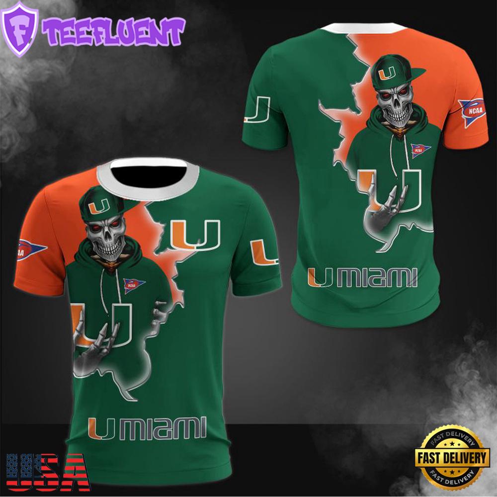 NCAA Miami Hurricanes Halloween Skeleton All Over Print T Shirt