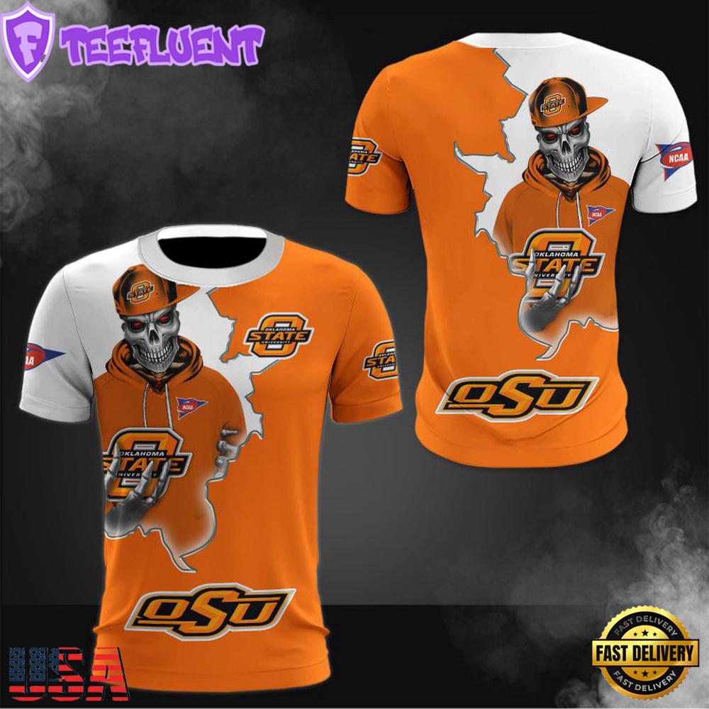 NCAA Oklahoma State Cowboys Halloween Skeleton All Over Print T Shirt
