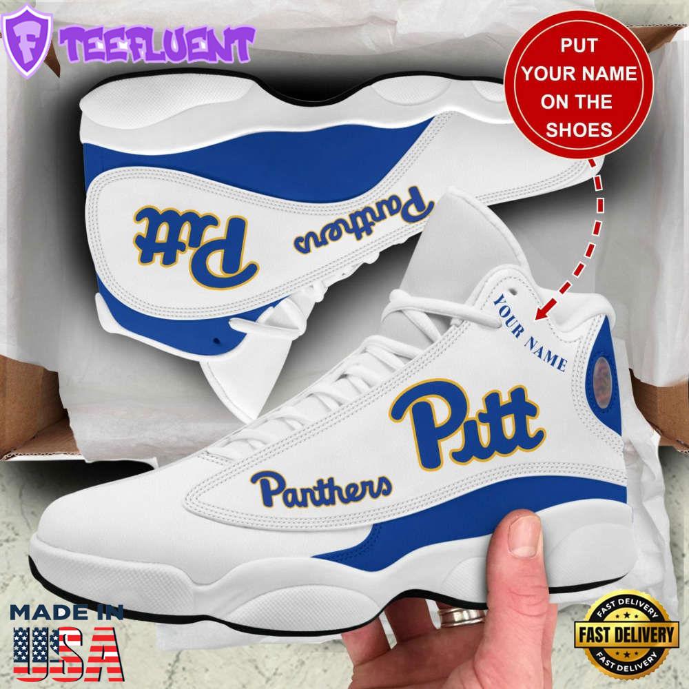 NCAA Pittsburgh Panthers Custom Name White Blue Air Jordan 13 Shoes