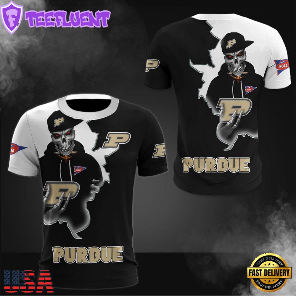 NCAA Purdue Boilermakers Halloween Skeleton All Over Print T Shirt
