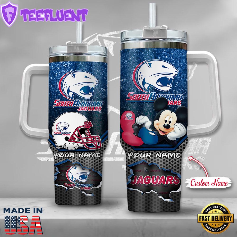 NCAA South Alabama Jaguars Mickey Mouse Custom Stanley Quencher 40oz Stainless Steel Tumbler With Handle