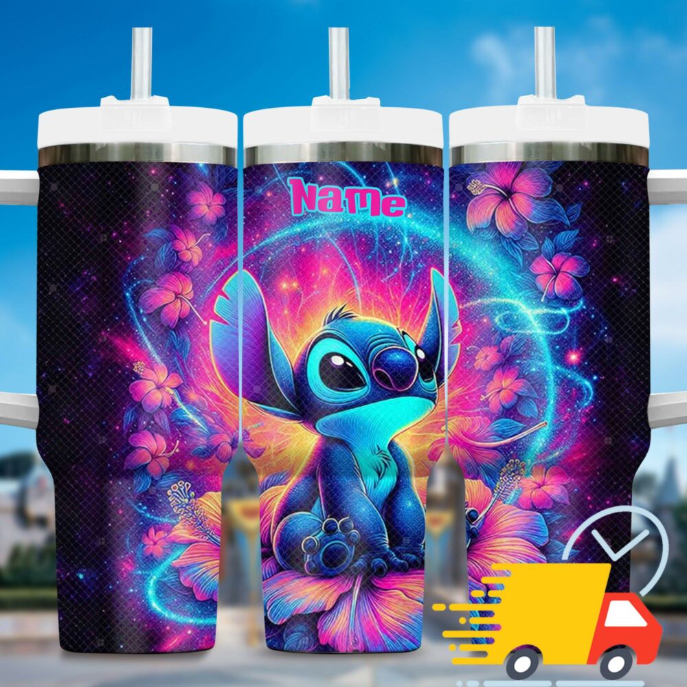 Neon Light Colorful Stitch Cartoon Custom Stanley Quencher 40oz Stainless Steel Tumbler With Handle