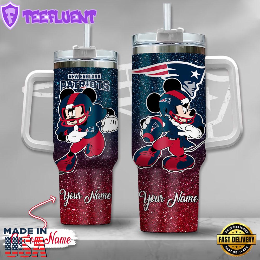 New England Patriots NFL Mickey Mouse Glitter Custom Stanley Quencher 40oz Stainless Steel Tumbler With Handle
