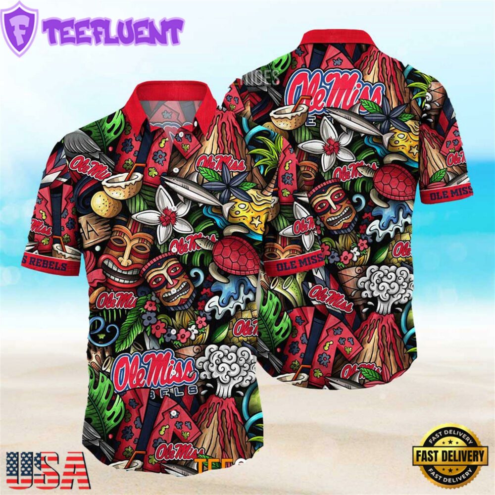 NEW Ole Miss Rebels Ncaa Mens Floral Button Up Hawaiian Shirt