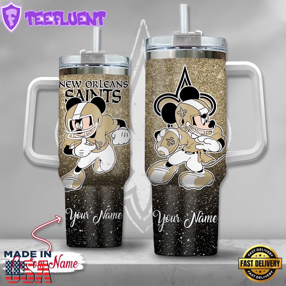 New Orleans Saints NFL Mickey Mouse Glitter Custom Stanley Quencher 40oz Stainless Steel Tumbler With Handle