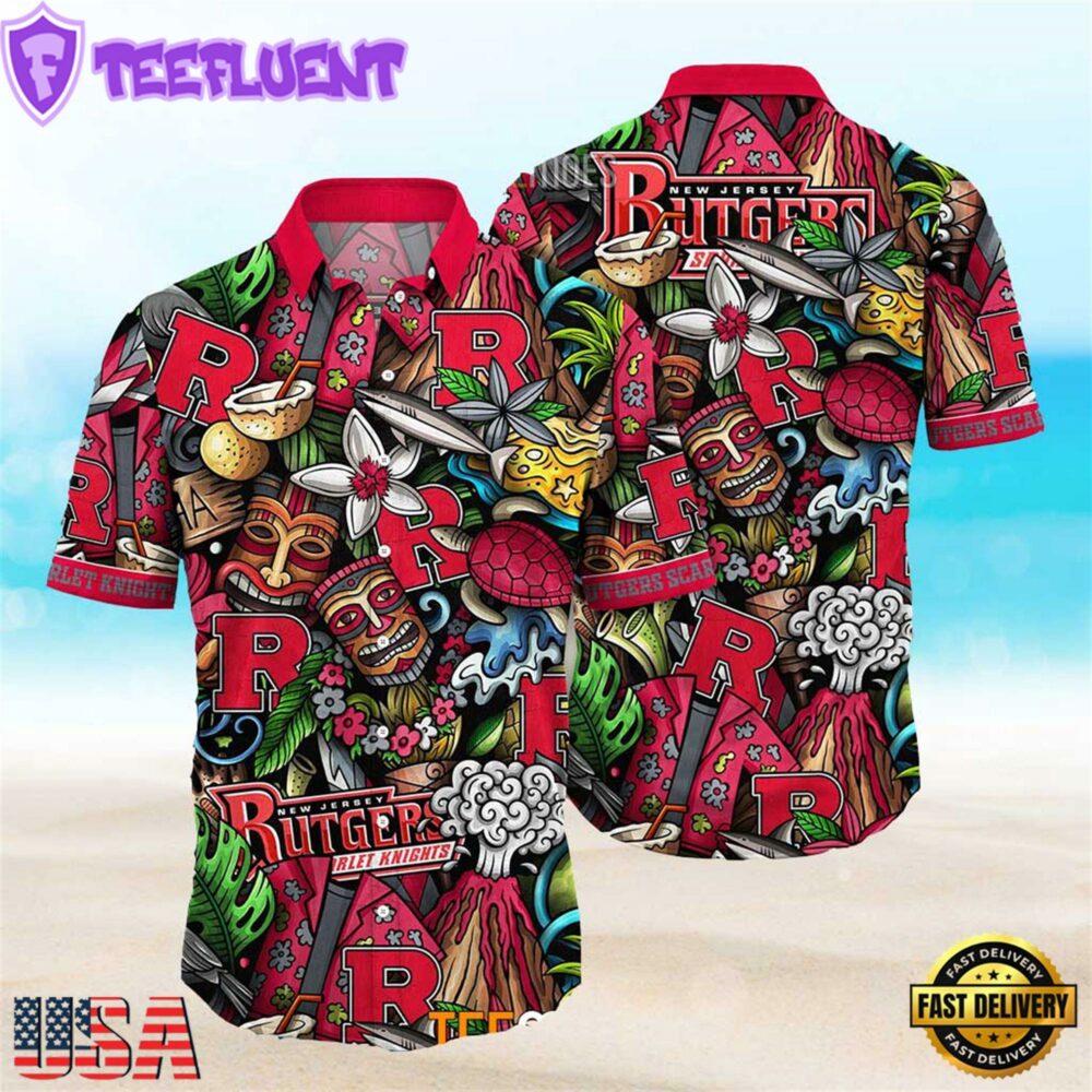 NEW Rutgers Scarlet Knights Ncaa Mens Floral Button Up Hawaiian Shirt