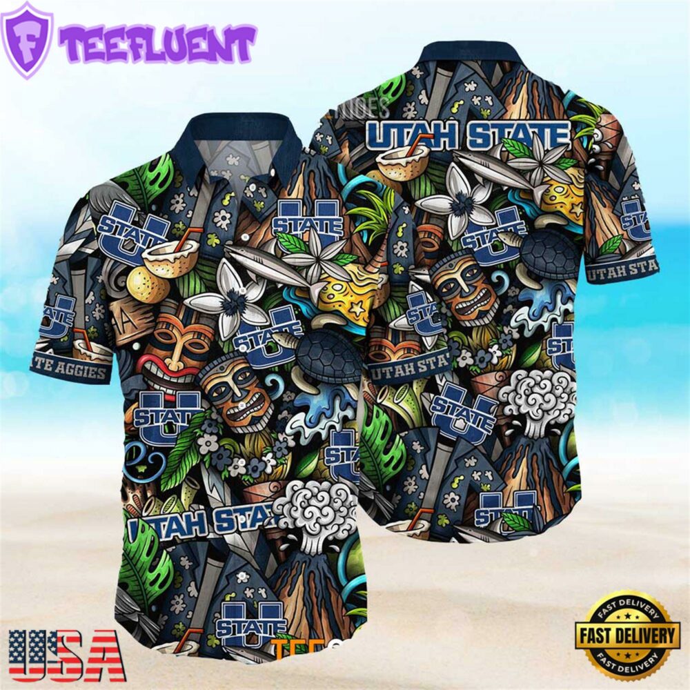 NEW Utah State Aggies Ncaa Mens Floral Button Up Hawaiian Shirt