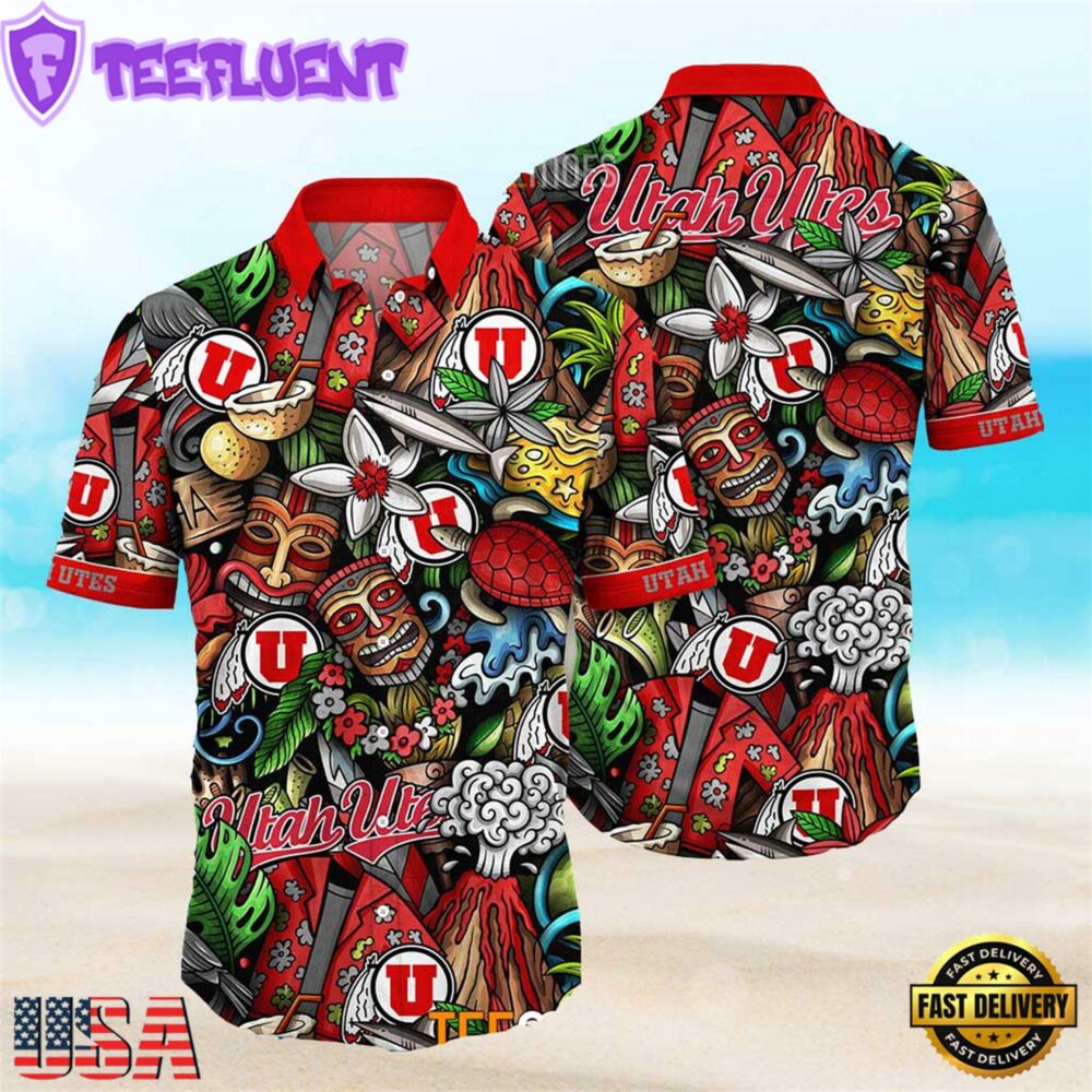 NEW Utah Utes Ncaa Mens Floral Button Up Hawaiian Shirt