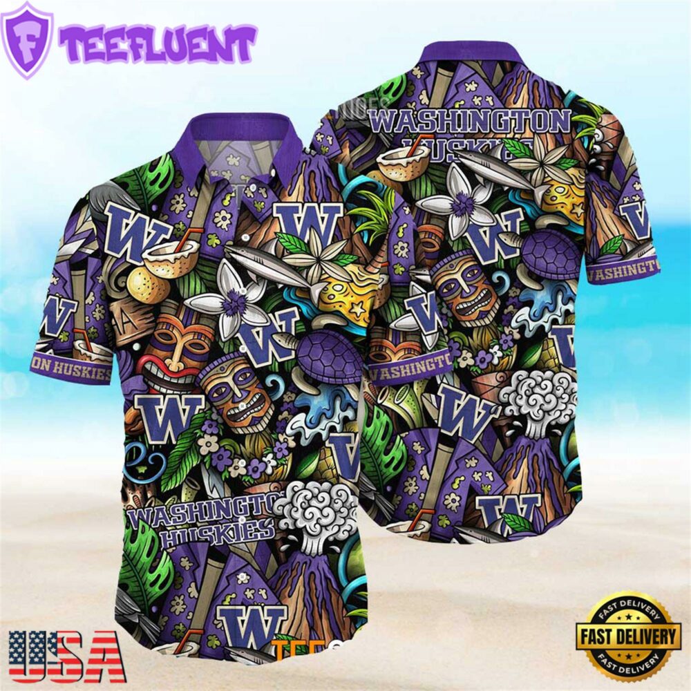NEW Washington Huskies Ncaa Mens Floral Button Up Hawaiian Shirt