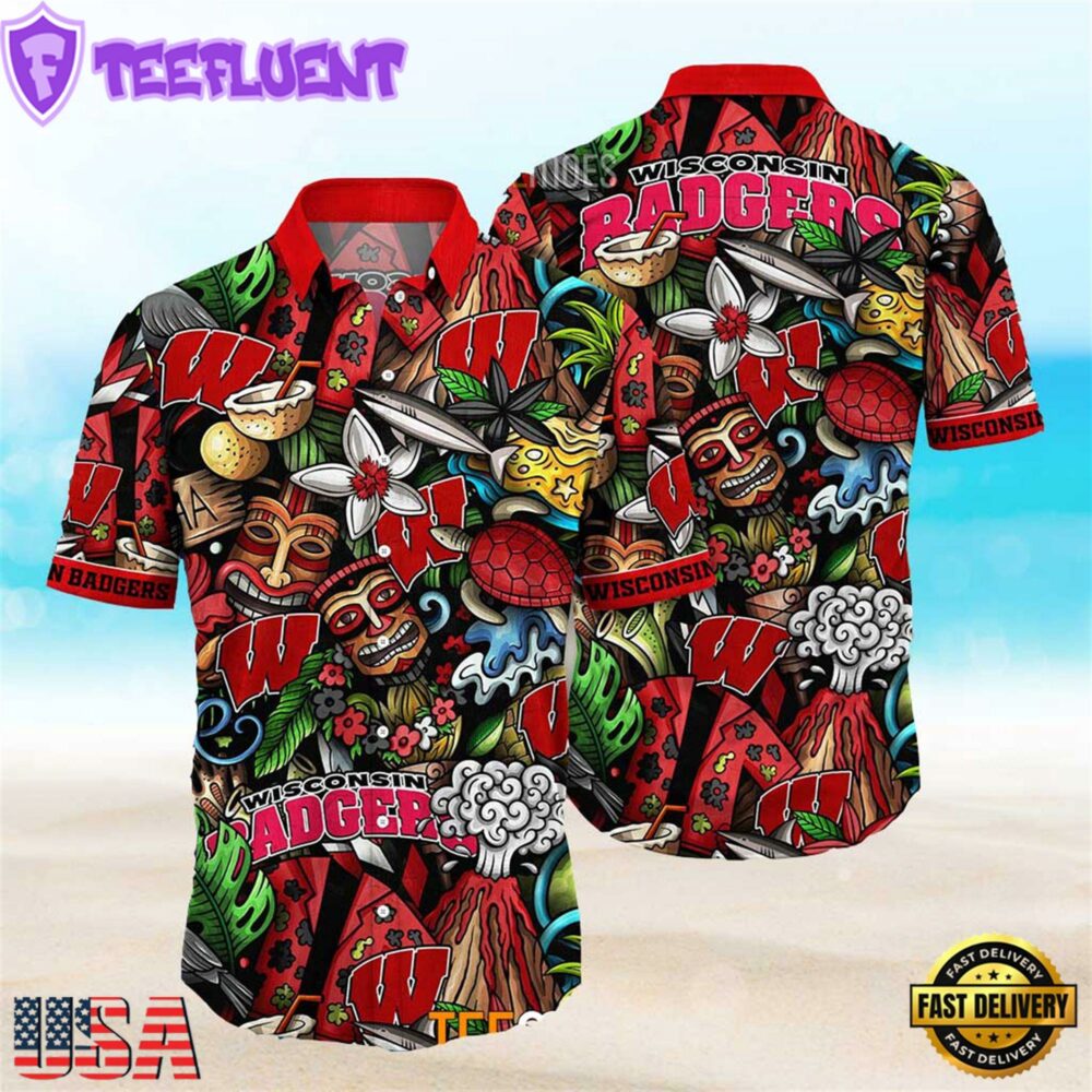NEW Wisconsin Badgers Ncaa Mens Floral Button Up Hawaiian Shirt