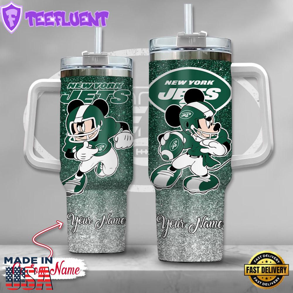 New York Jets NFL Mickey Mouse Glitter Custom Stanley Quencher 40oz Stainless Steel Tumbler With Handle