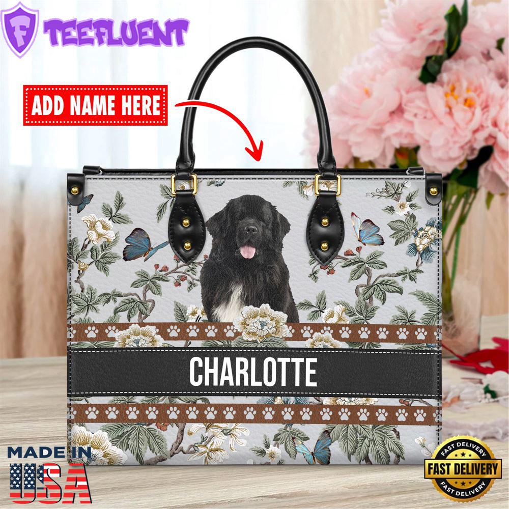 Newfoundland Dog Bior Leather Handbag With Flowers And Butterfly