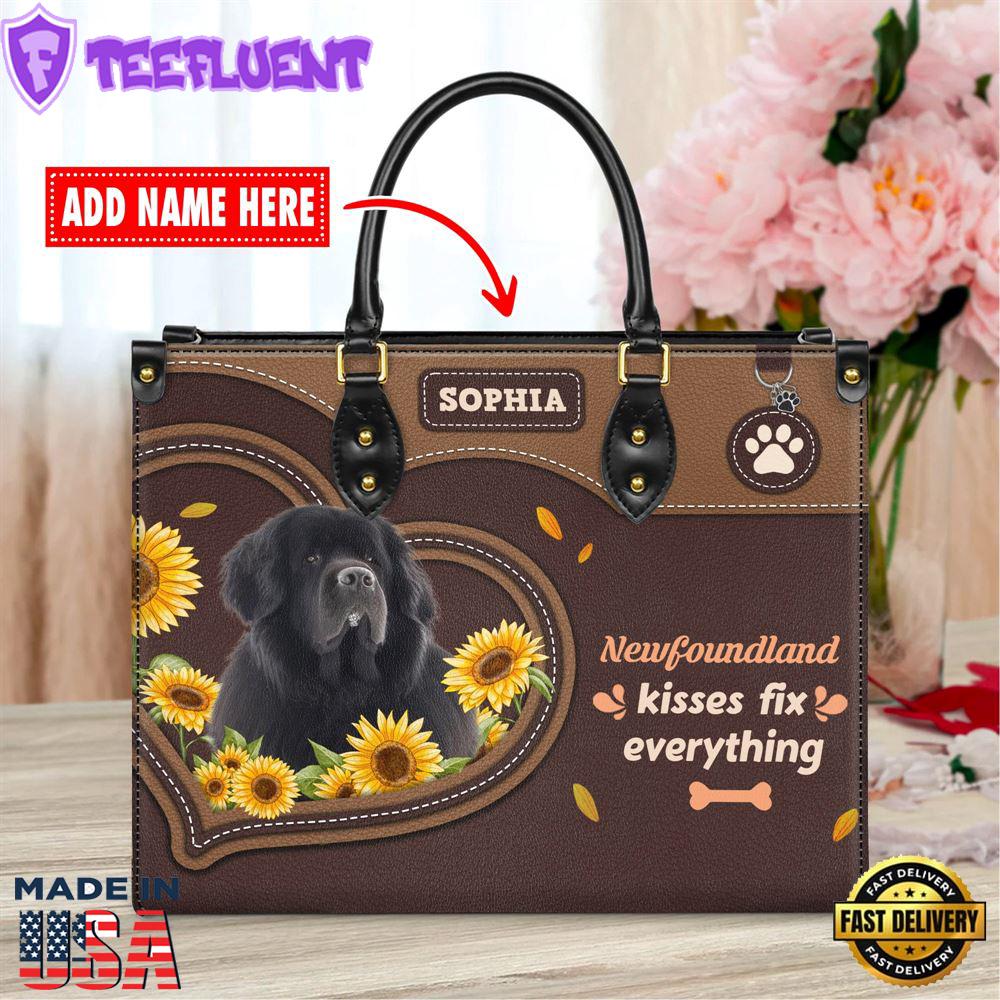 Newfoundland Dog Kisses Fix Everything Leather Handbag