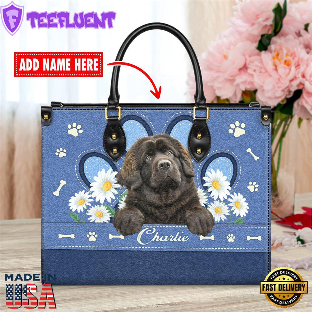 Newfoundland Dog Lover Leather Bag With Daisy Flowers