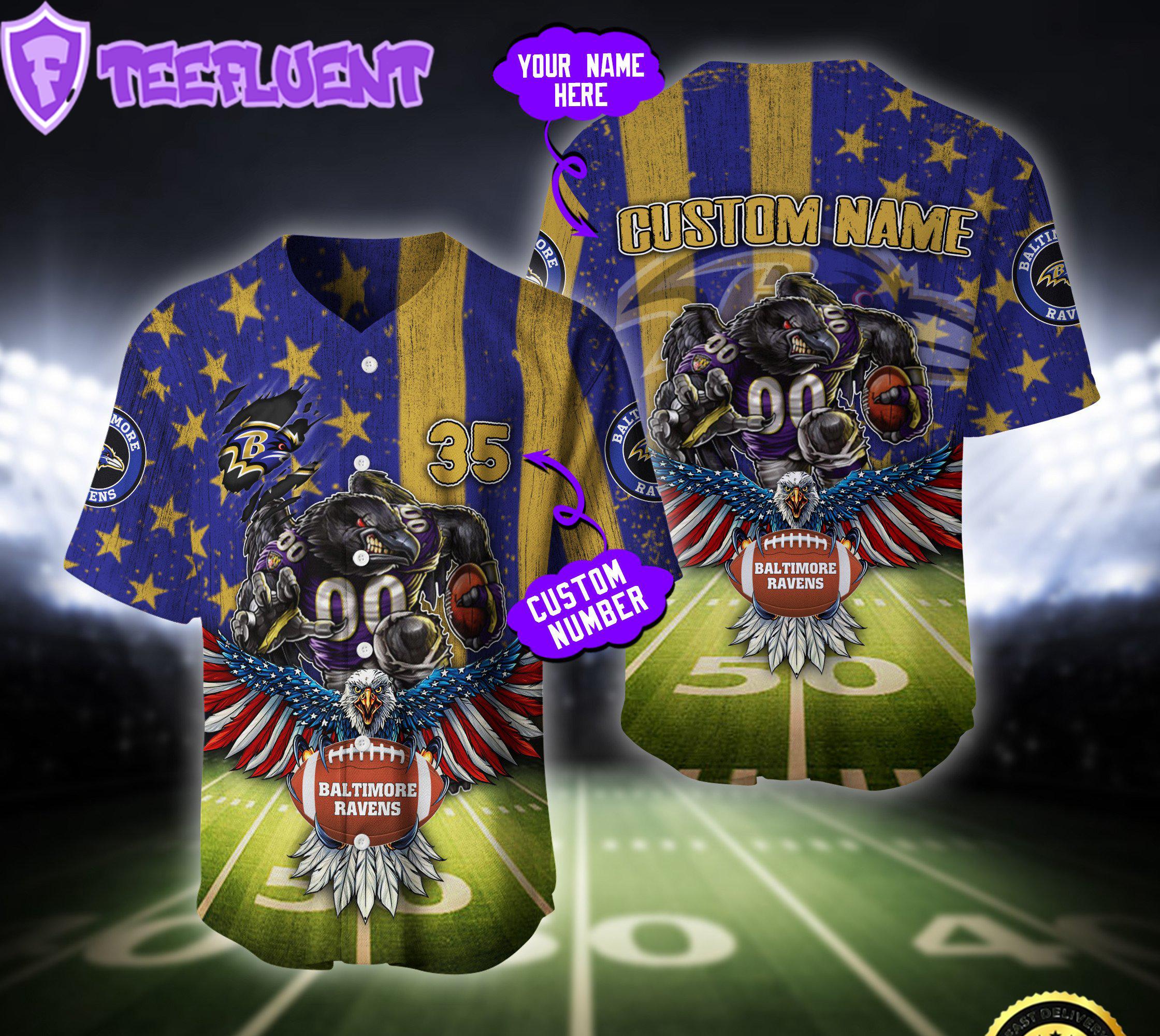 Custom Name Number NFL Baltimore Ravens Eagle US Flag x Veterans Baseball Jersey Custom Name Number NFL Baltimore Ravens Eagle US Flag x Veterans Baseball Jersey