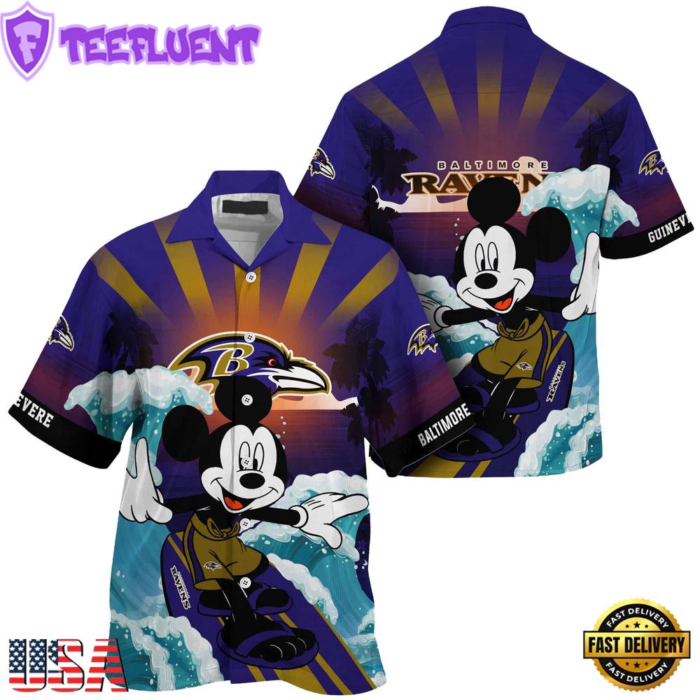 NFL Baltimore Ravens Mickey Mouse Surfing Custom Name Hawaiian Shirt