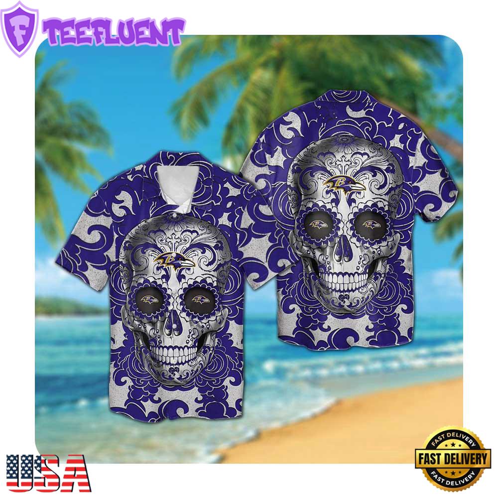 NFL Baltimore Ravens Sugar Skull Button Up Hawaii Shirt