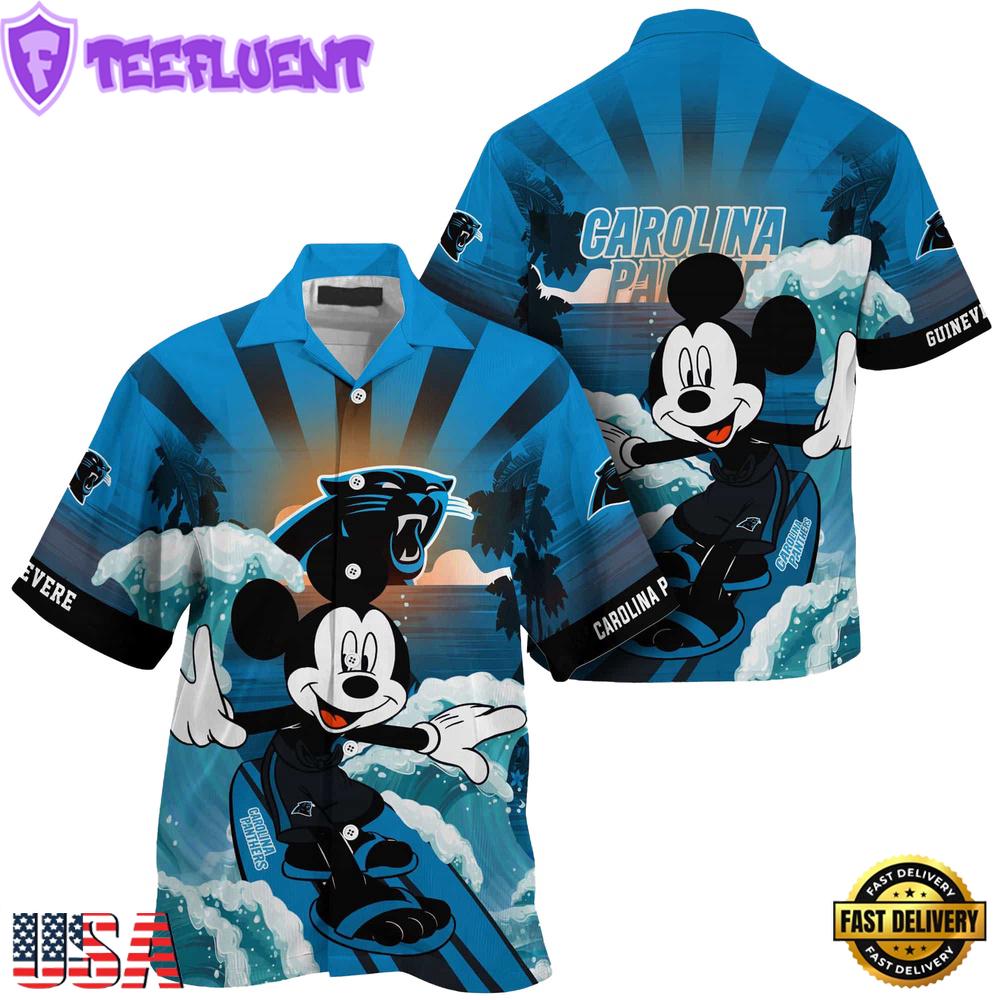 NFL Carolina Panthers Mickey Mouse Surfing Custom Name Hawaiian Shirt