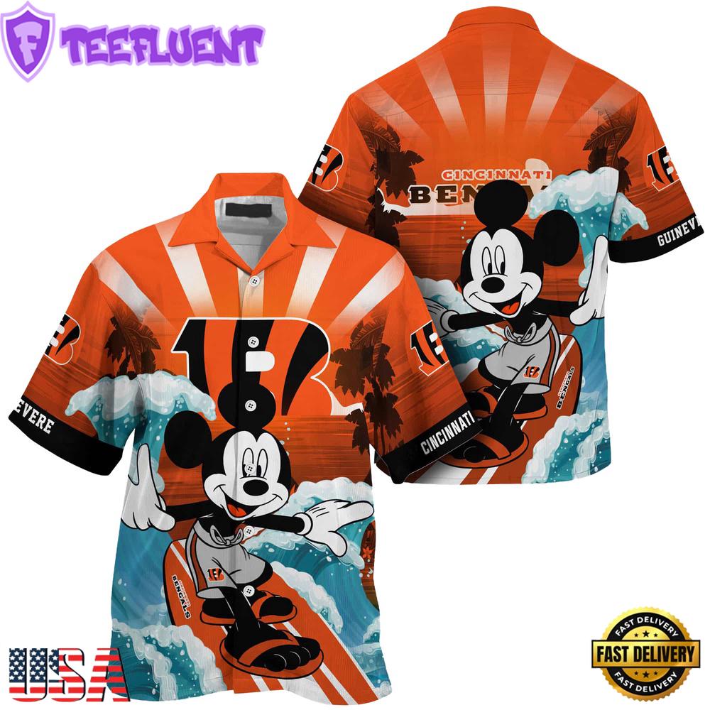 NFL Cincinnati Bengals Mickey Mouse Surfing Custom Name Hawaiian Shirt