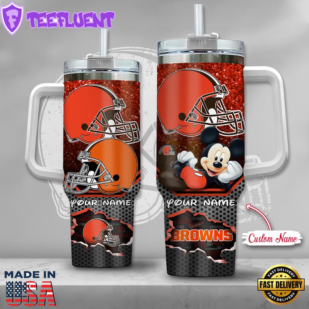 NFL Cleveland Browns Mickey Mouse Custom Stanley Quencher 40oz Stainless Steel Tumbler With Handle