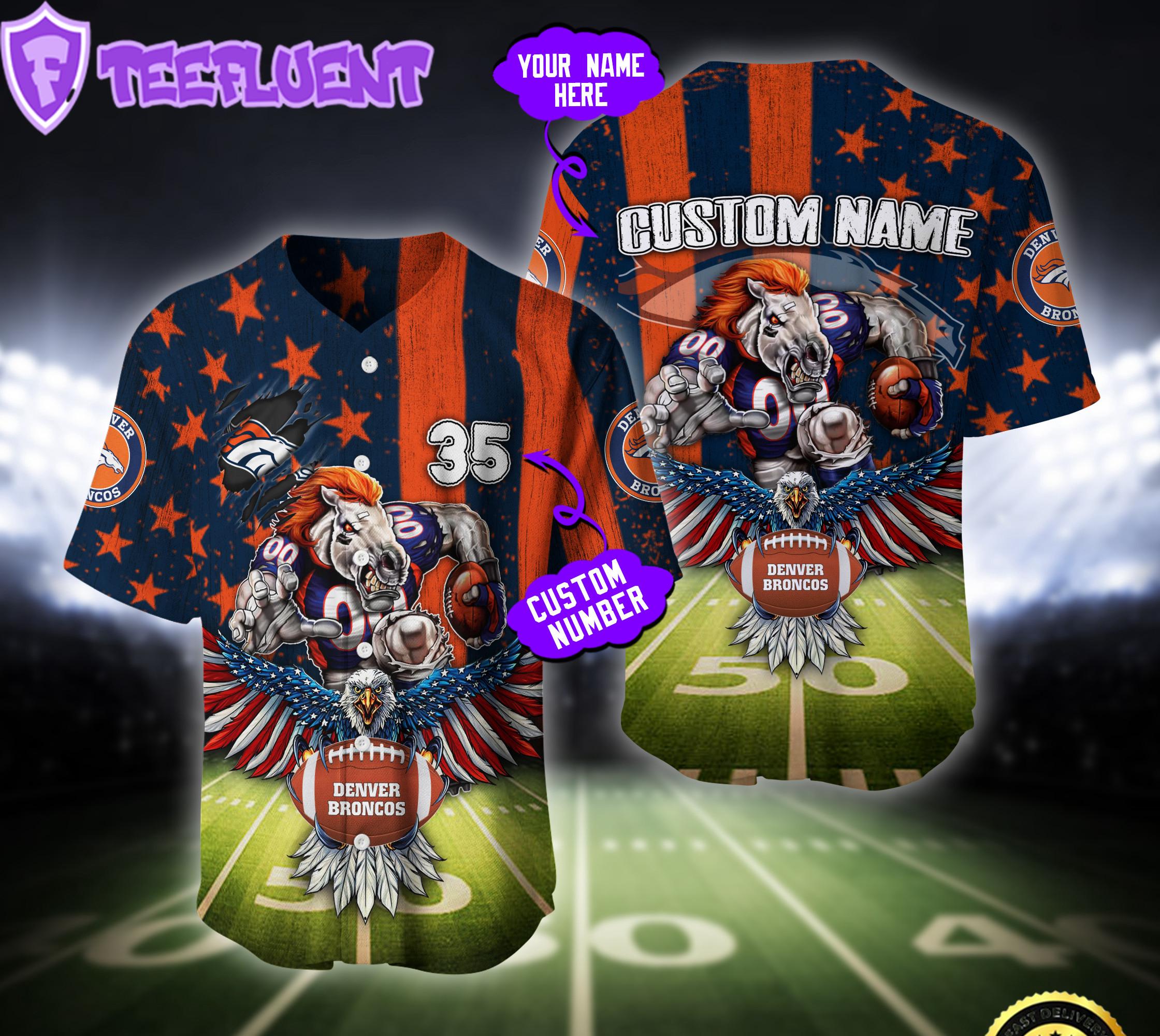 Custom Name Number NFL Denver Broncos Eagle US Flag x Veterans Baseball Jersey Custom Name Number NFL Denver Broncos Eagle US Flag x Veterans Baseball Jersey