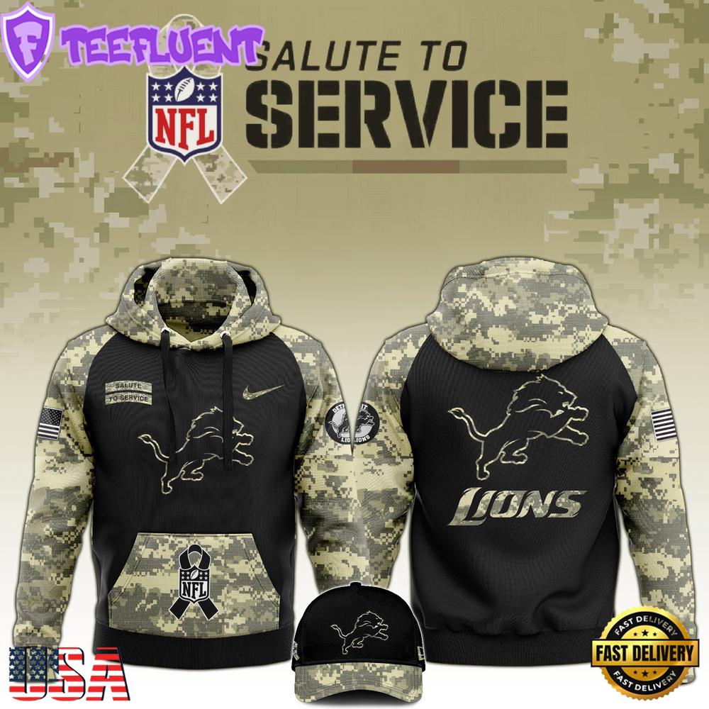 NFL Detroit Lions 2024 Salute to Service Club Black Camo Hoodie Best Veterans Day Gift