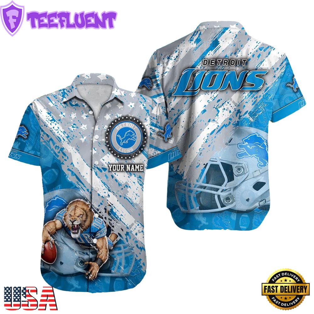 NFL Detroit Lions Football American Flag Mascot Custom Name Hawaiian Shirt