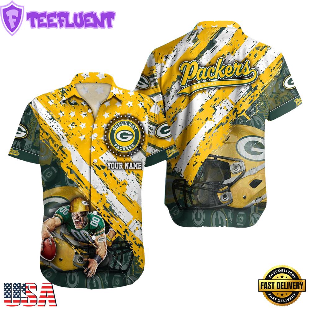 NFL Green Bay Packers Football American Flag Mascot Custom Name Hawaiian Shirt