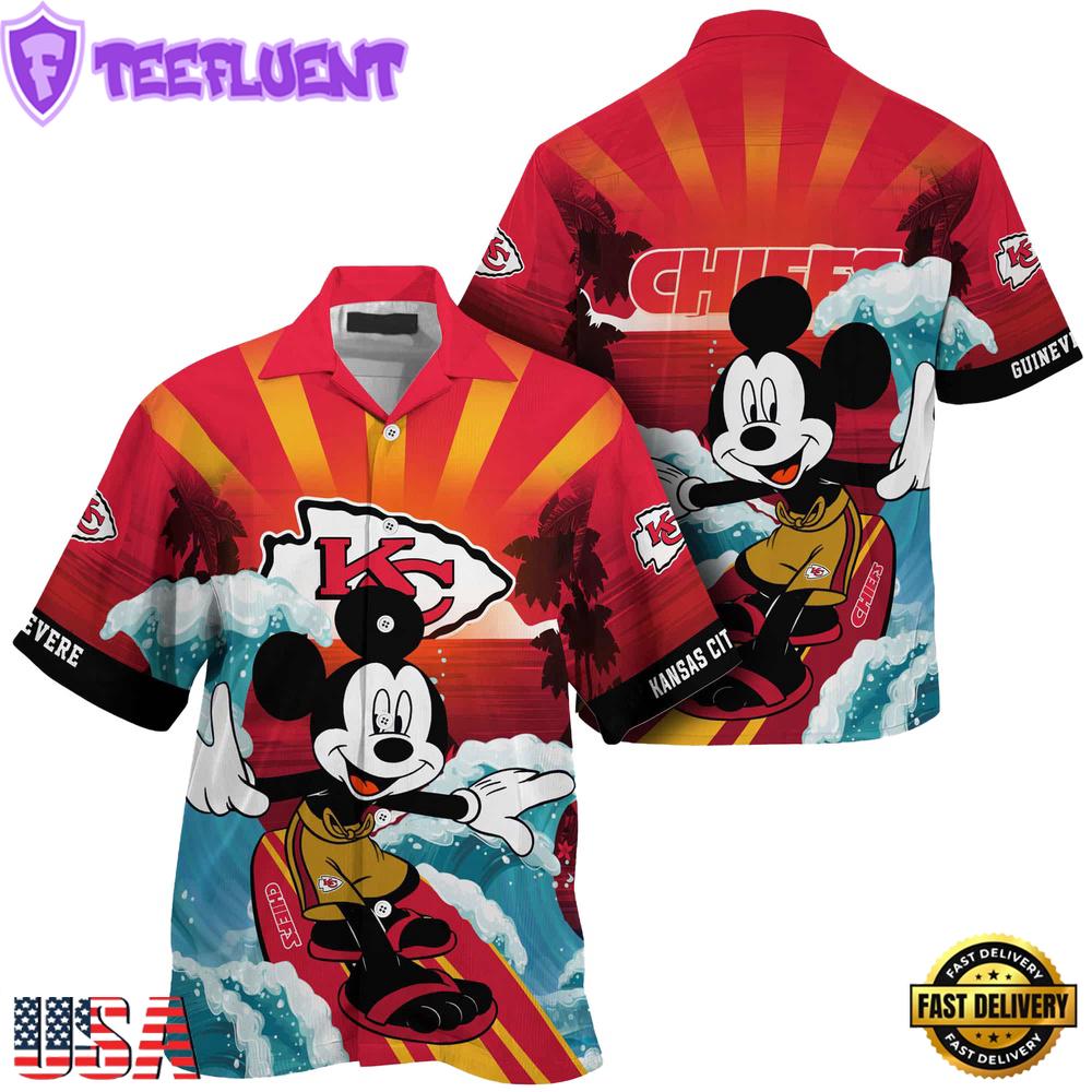 NFL Kansas City Chiefs Mickey Mouse Surfing Custom Name Hawaiian Shirt