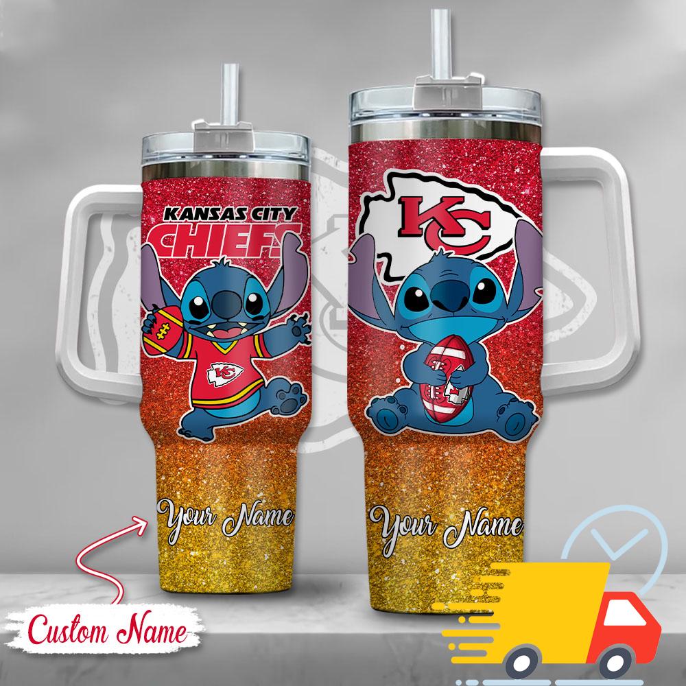 NFL Kansas City Chiefs Stitch Glitter Custom Stanley Quencher 40oz Stainless Steel Tumbler With Handle