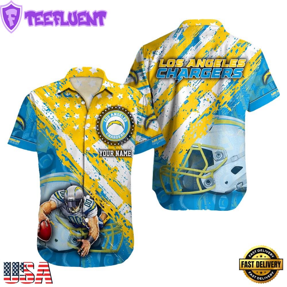 NFL Los Angeles Chargers Football American Flag Mascot Custom Name Summer Hawaiian Shirt NFL Los Angeles Chargers Football American Flag Mascot Custom Name Summer Hawaiian Shirt