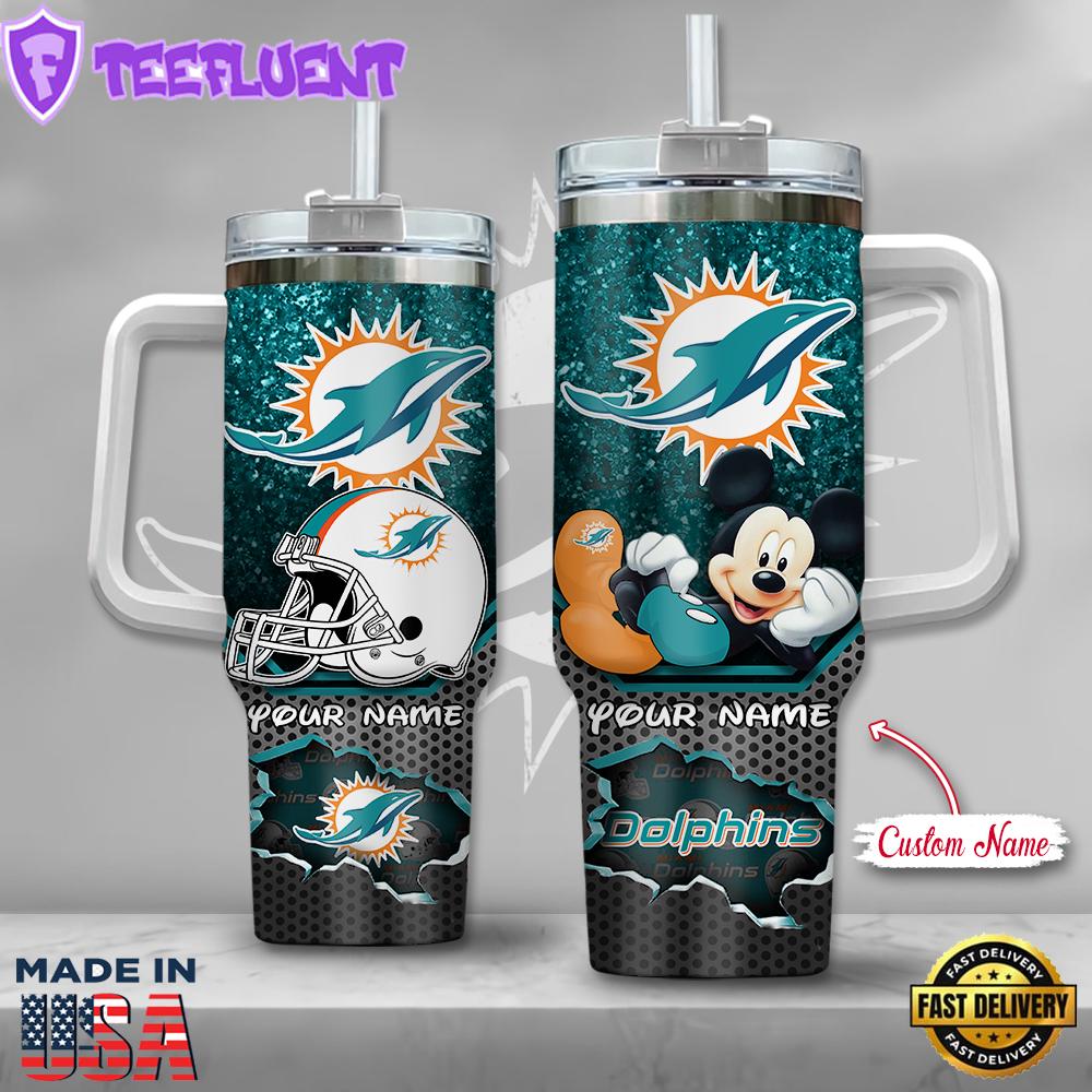 NFL Miami Dolphins Mickey Mouse Custom Stanley Quencher 40oz Stainless Steel Tumbler With Handle