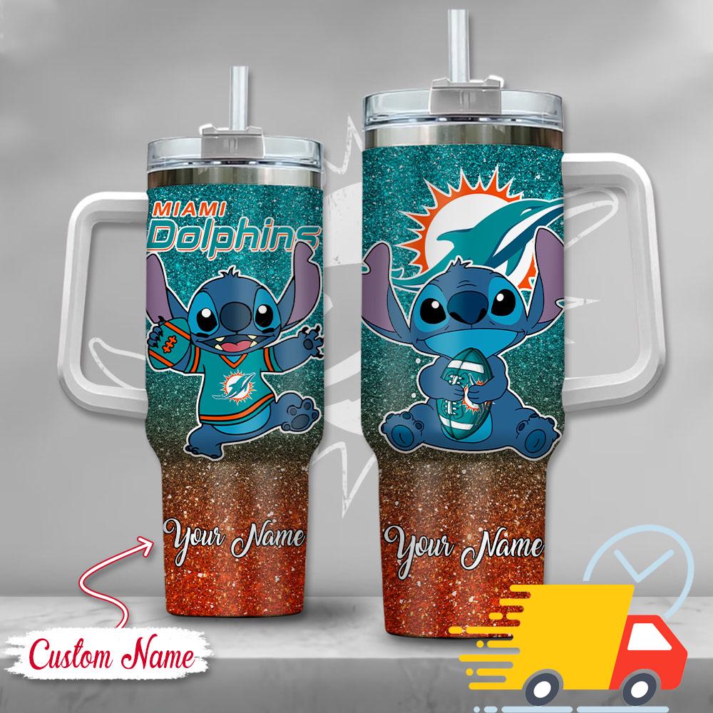 NFL Miami Dolphins Stitch Glitter Custom Stanley Quencher 40oz Stainless Steel Tumbler With Handle