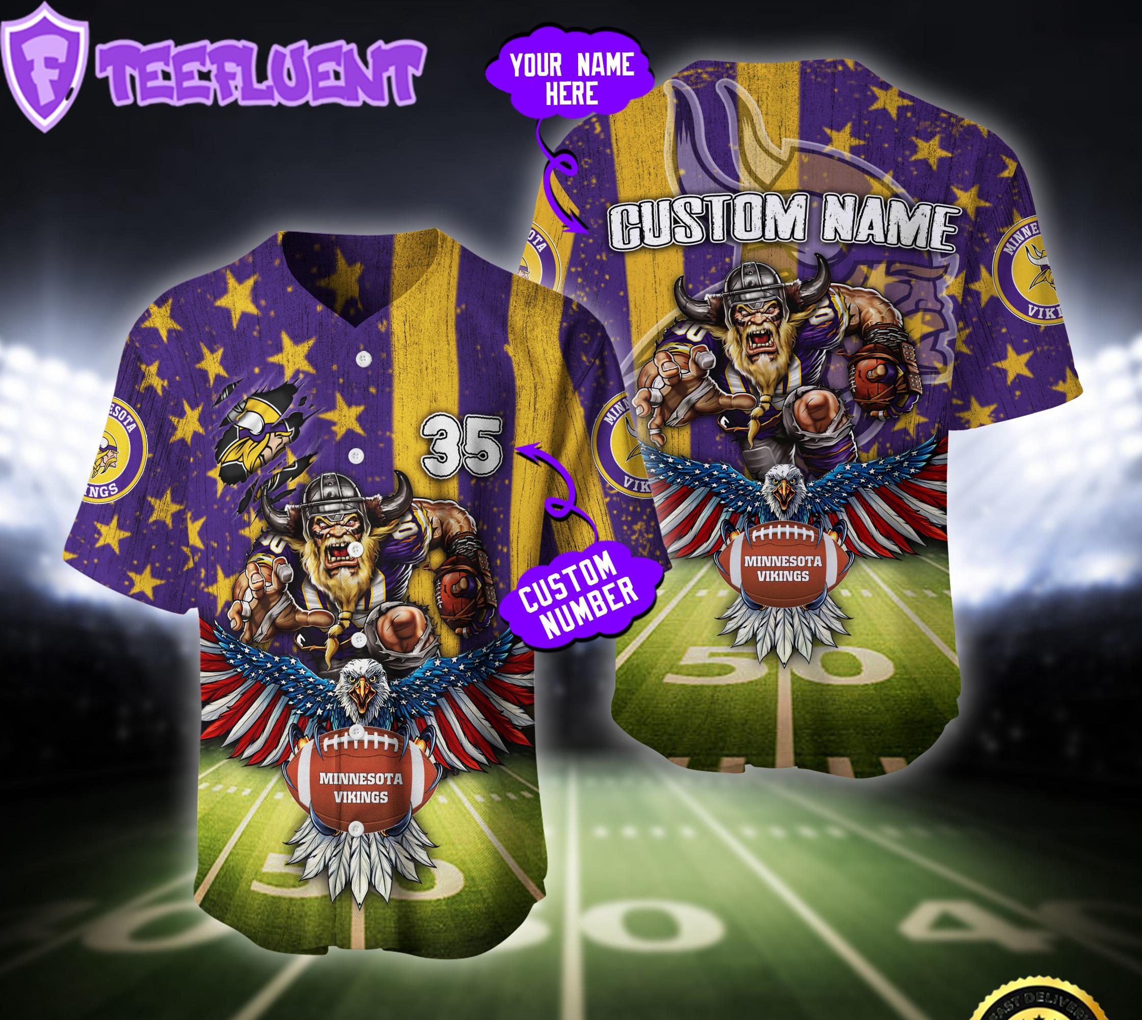Custom Name Number NFL Minnesota Vikings Eagle US Flag x Veterans Baseball Jersey Custom Name Number NFL Minnesota Vikings Eagle US Flag x Veterans Baseball Jersey