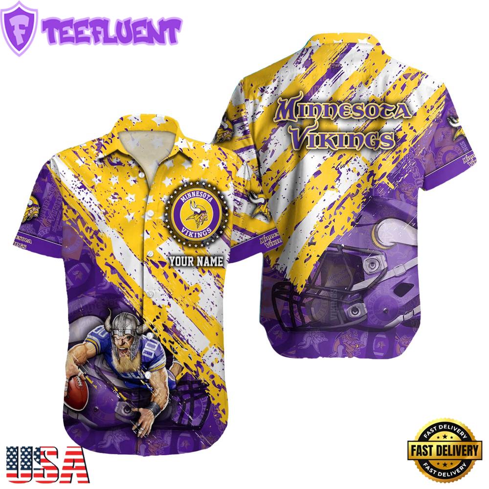 NFL Minnesota Vikings Football American Flag Mascot Custom Name Hawaiian Shirt