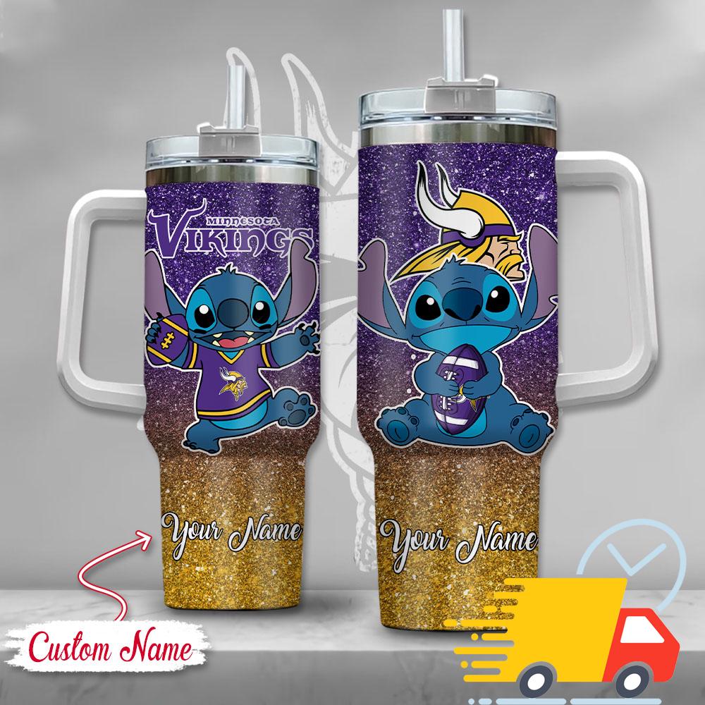 NFL Minnesota Vikings Stitch Glitter Custom Stanley Quencher 40oz Stainless Steel Tumbler With Handle