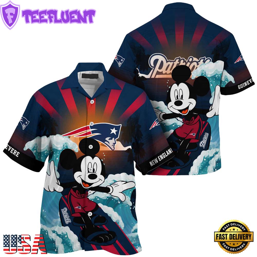 NFL New England Patriots Mickey Mouse Surfing Custom Name Summer Hawaiian Shirt NFL New England Patriots Mickey Mouse Surfing Custom Name Summer Hawaiian Shirt
