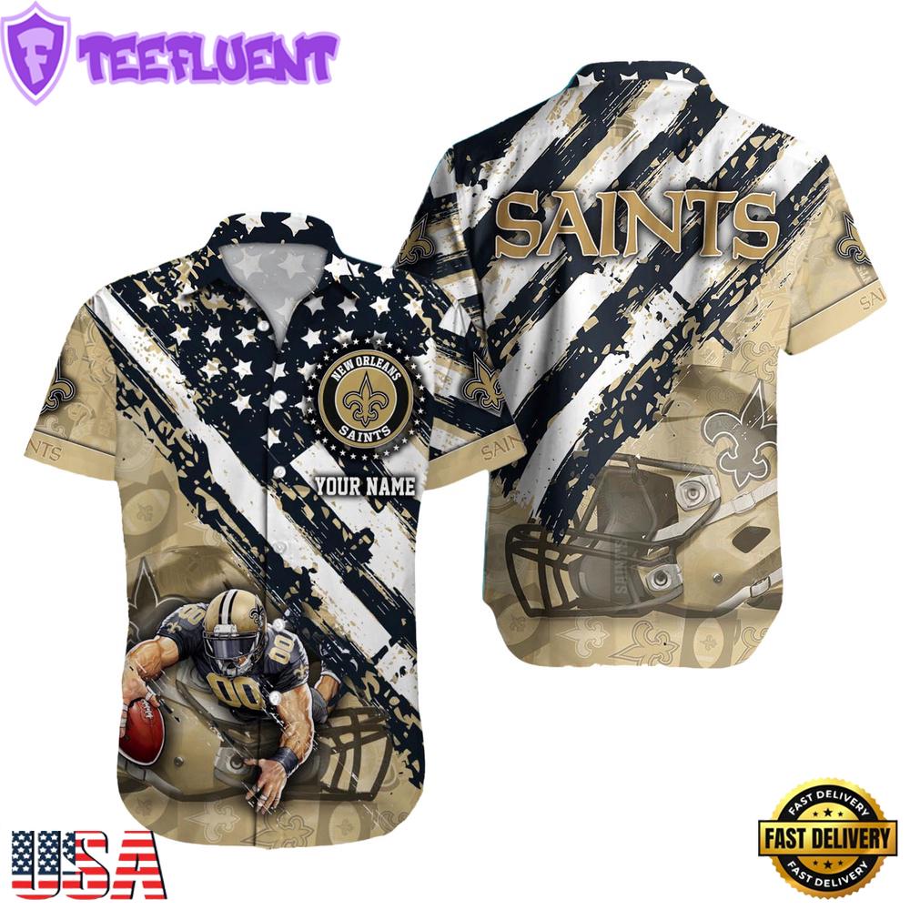 NFL New Orleans Saints Football American Flag Mascot Custom Name Hawaiian Shirt