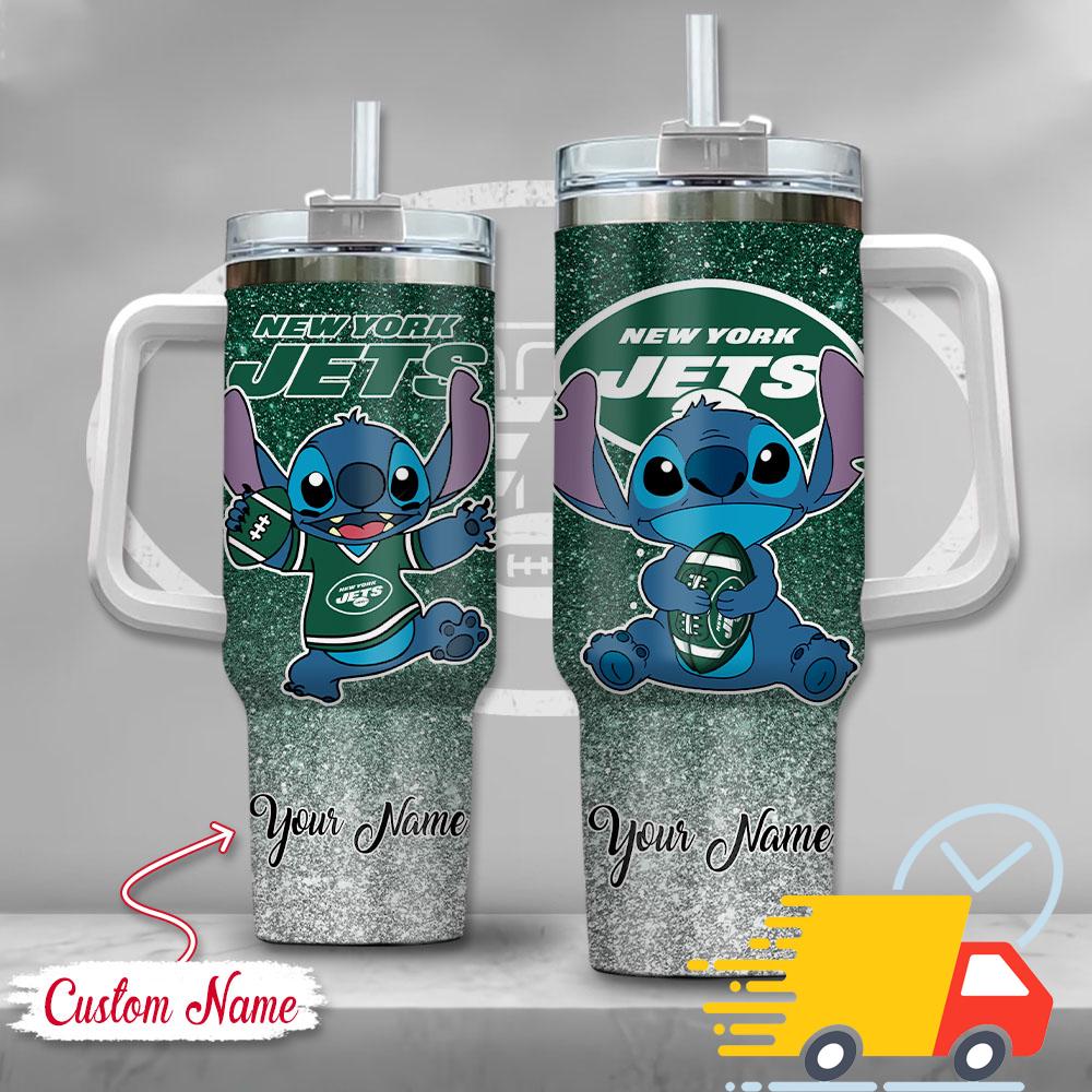 NFL New York Jets Stitch Glitter Custom Stanley Quencher 40oz Stainless Steel Tumbler With Handle