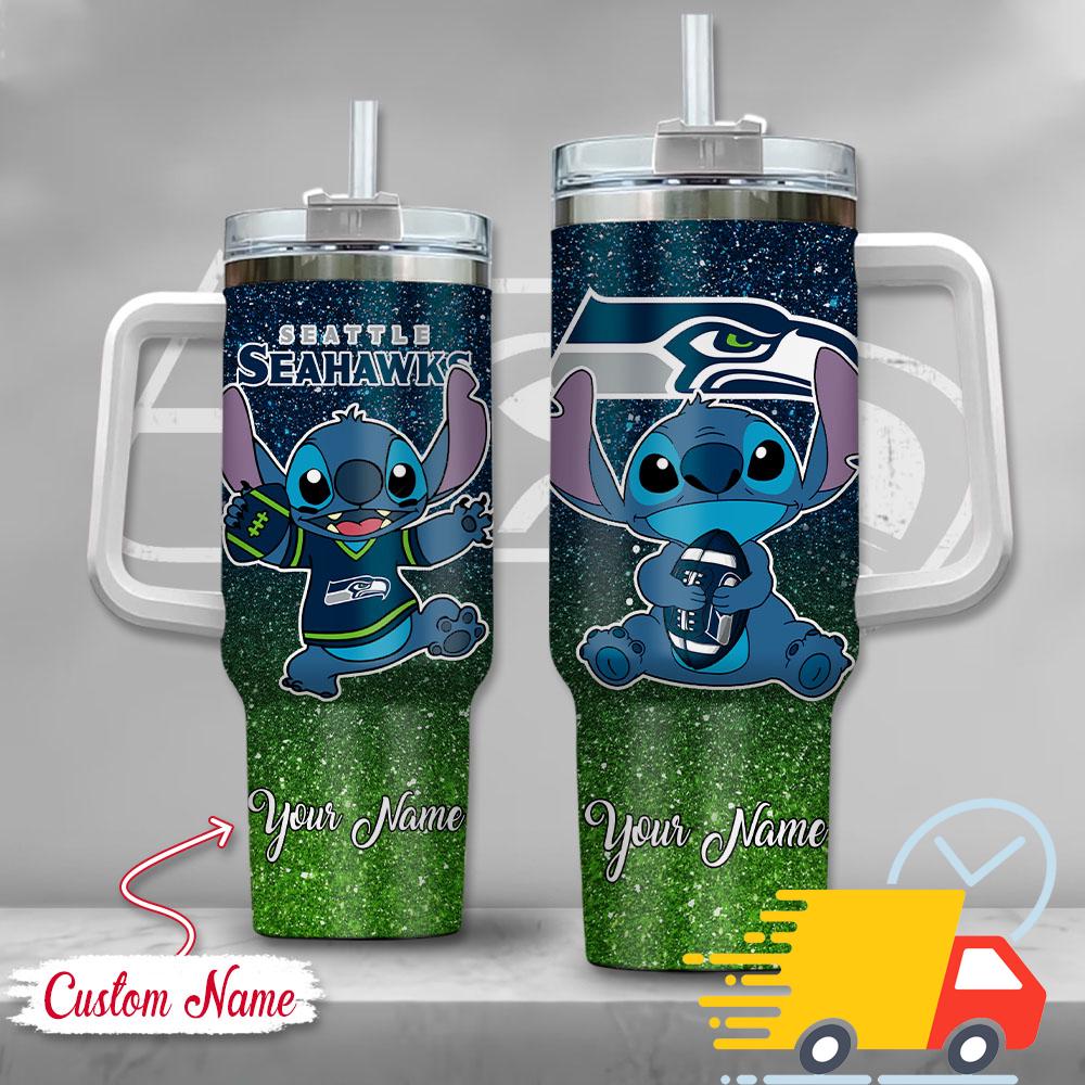 NFL Seattle Seahawks Stitch Glitter Custom Stanley Quencher 40oz Stainless Steel Tumbler With Handle