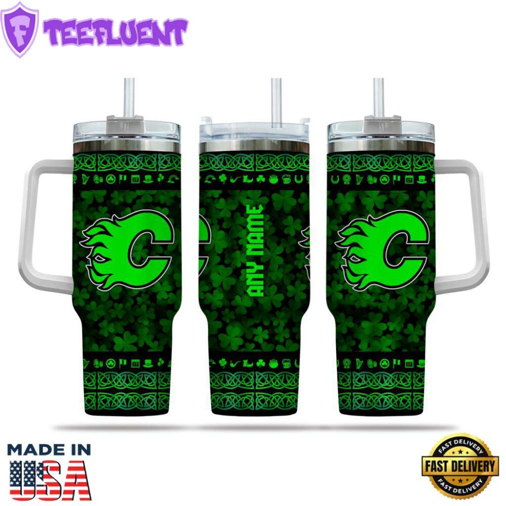 NHL Calgary Flames Happy St. Patrick's Day Custom Stanley Quencher 40oz Stainless Steel Tumbler With Handle