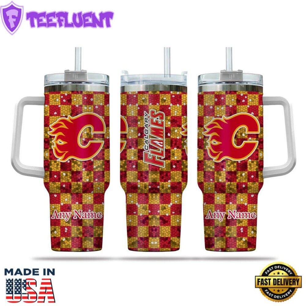 NHL Calgary Flames Stained Glass Effect Custom Stanley Quencher 40oz Stainless Steel Tumbler With Handle