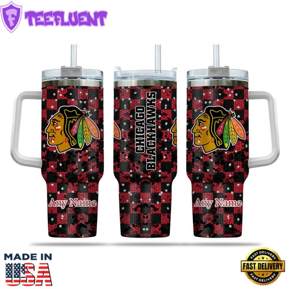 NHL Chicago Blackhawks Stained Glass Effect Custom Stanley Quencher 40oz Stainless Steel Tumbler With Handle