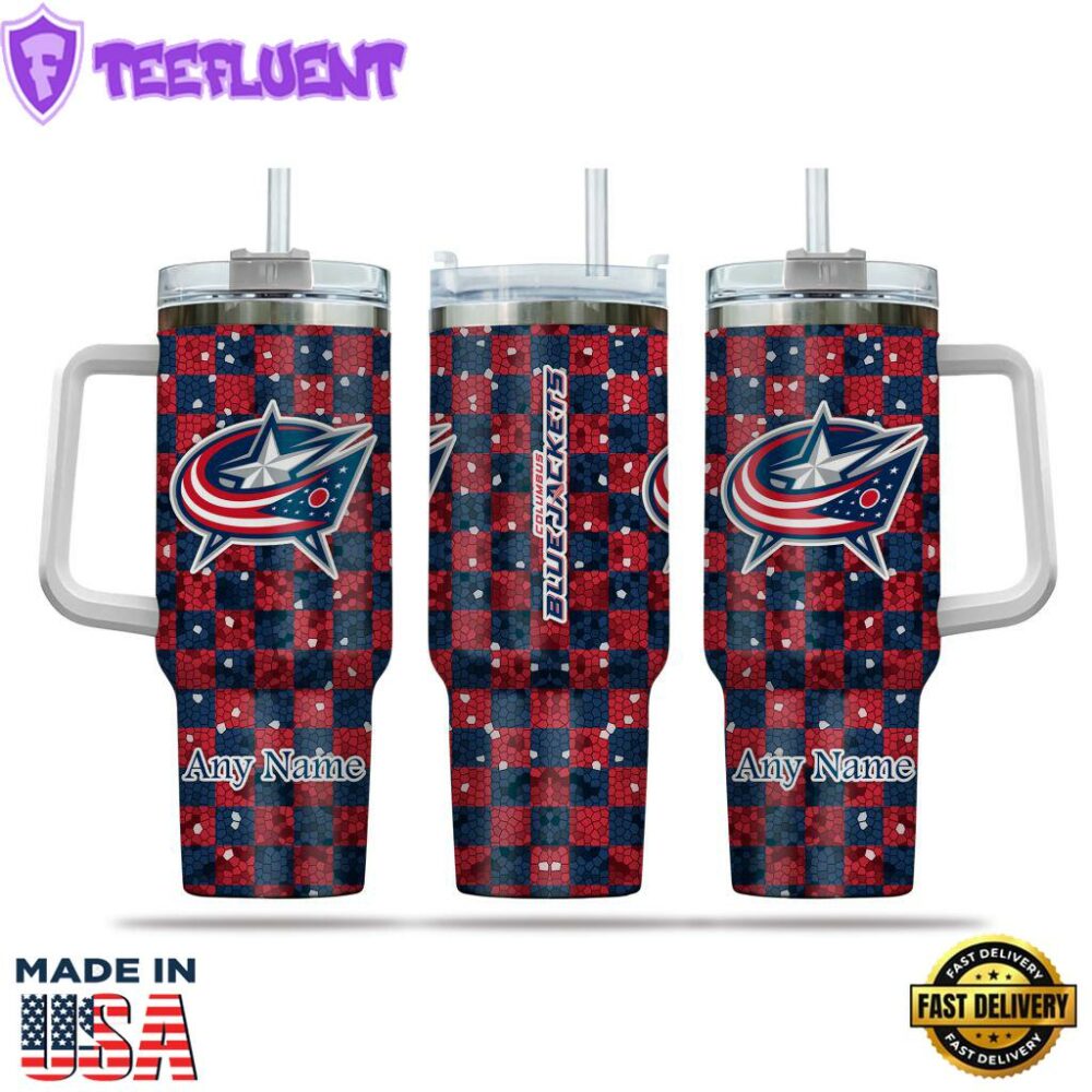 NHL Columbus Blue Jackets Stained Glass Effect Custom Stanley Quencher 40oz Stainless Steel Tumbler With Handle