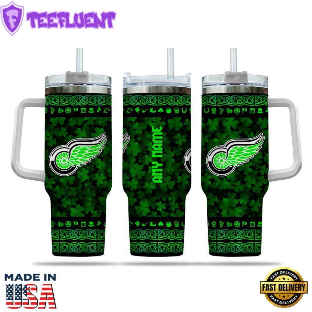 NHL Detroit Red Wings Happy St. Patrick's Day Custom Stanley Quencher 40oz Stainless Steel Tumbler With Handle